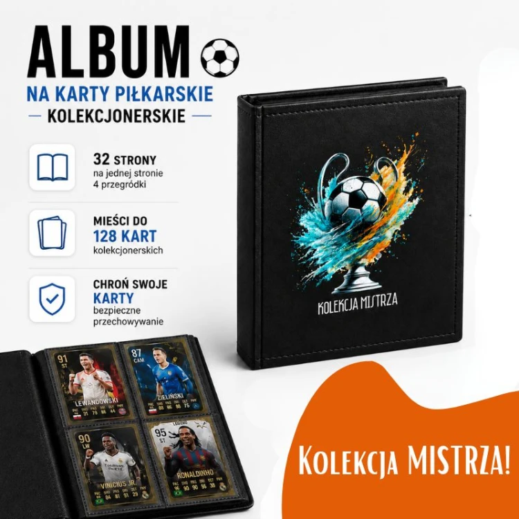 Pojemny klaser na karty piłkarskie mieszczący do 128 kart.