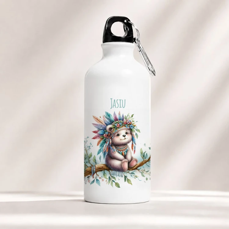 Personalizowany bidon z imieniem i grafiką misia w przebraniu indianina.