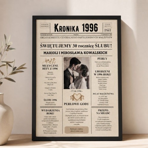 Personalizowany plakat na rocznicę ślubu, plakat Kronika Roku, prezent na 30. rocznicę ślubu, perłowe gody, plakat w ramie.