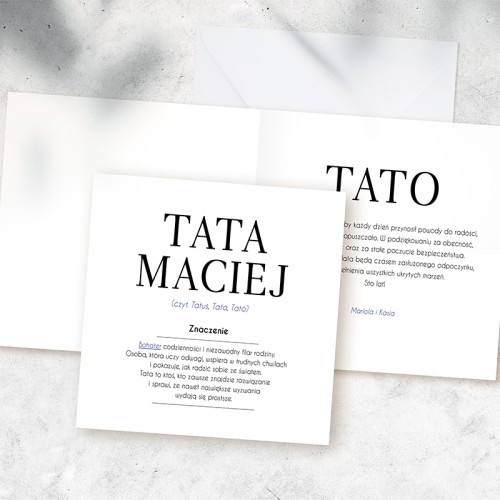 Kartka z definicją słowa tata to personalizowany dodatek do prezentu dla ojca na Dzień Ojca, urodziny lub imieniny.