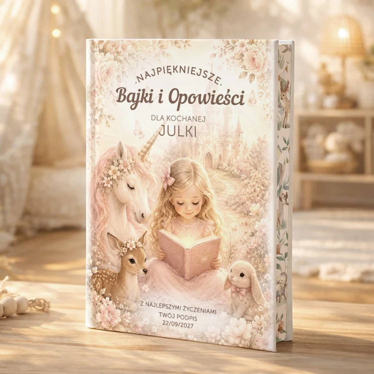 Bajki dla dziewczynki z barwionymi brzegami to personalizowana książka z imieniem, podpisem i piękną bajkową okładką.