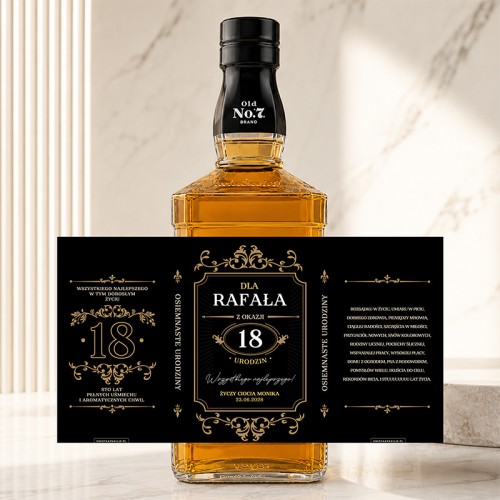 Etykieta na whisky na 18 urodziny chłopaka to personalizowany dodatek do prezentu z imieniem, datą i życzeniami.