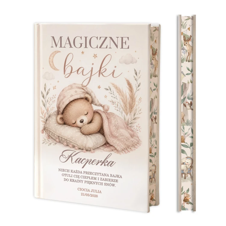 Magiczne bajki z okładką ze śpiącym misiem dla malucha.