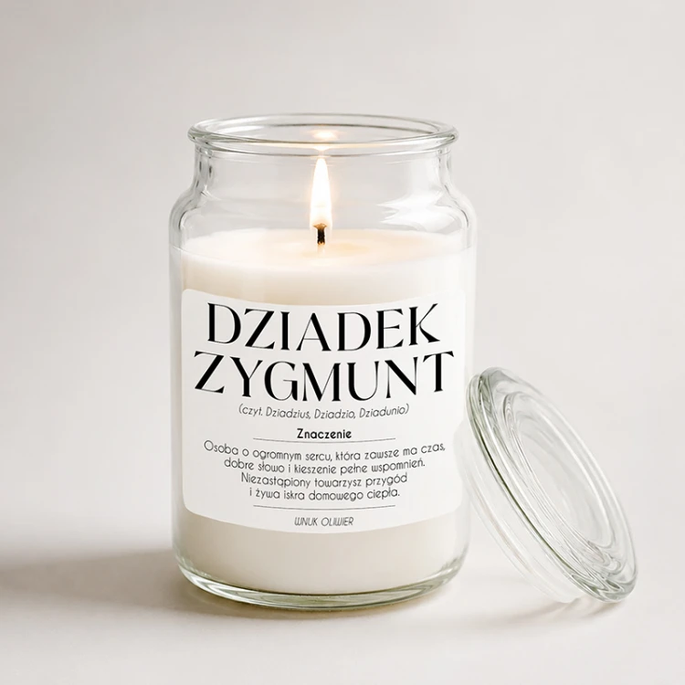 Prezent dla dziadków z personalizowaną etykietą zawiera imiona Jadzia i Jan oraz rodzinny tekst.