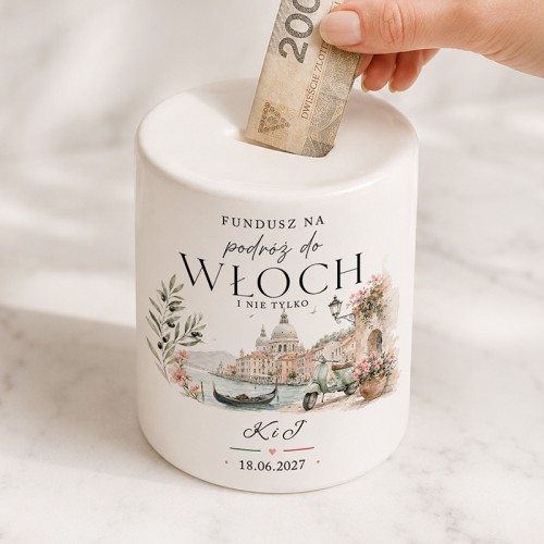 Personalizowana skarbonka na podróż do Włoch to wyjątkowy prezent ślubny dla młodej pary.