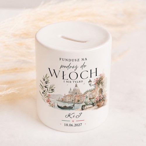 Ceramiczna skarbonka fundusz na podróż do Włoch została ozdobiona romantyczną grafiką inspirowaną Wenecją.