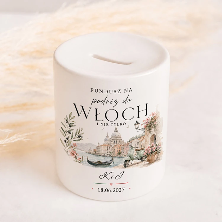 Ceramiczna skarbonka fundusz na podróż do Włoch została ozdobiona romantyczną grafiką inspirowaną Wenecją.