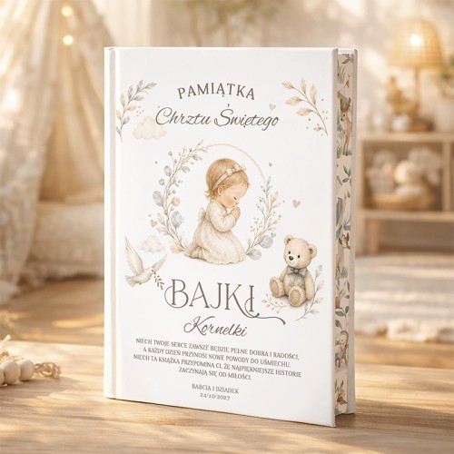 Personalizowana książka z bajkami na Chrzest dziewczynki ma imię, dedykację i datę uroczystości.
