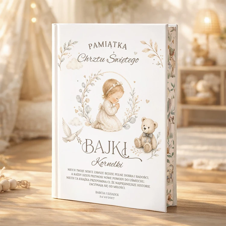 Personalizowana książka z bajkami na Chrzest dziewczynki ma imię, dedykację i datę uroczystości.