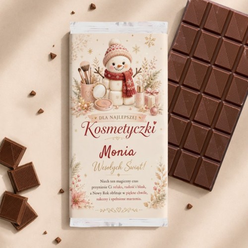 Świąteczna czekolada dla kosmetyczki z personalizowanym imieniem w dekoracyjnym opakowaniu.