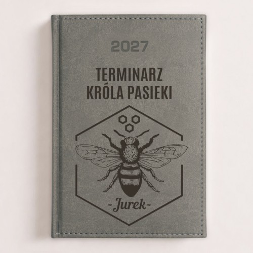 Szary personalizowany terminarz 2027 z grafiką pszczoły i imieniem