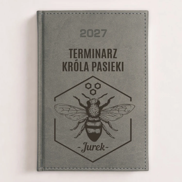Szary personalizowany terminarz 2027 z grafiką pszczoły i imieniem