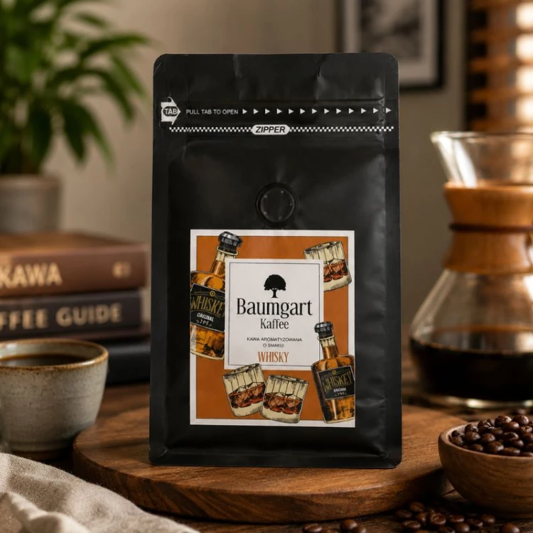 Opakowanie kawy aromatyzowanej o smaku whisky 200 g ustawione na drewnianej desce w eleganckiej aranżacji