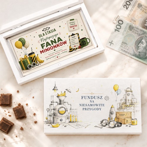 Personalizowane pudełko na pieniądze z czekoladą dla fana Minionków