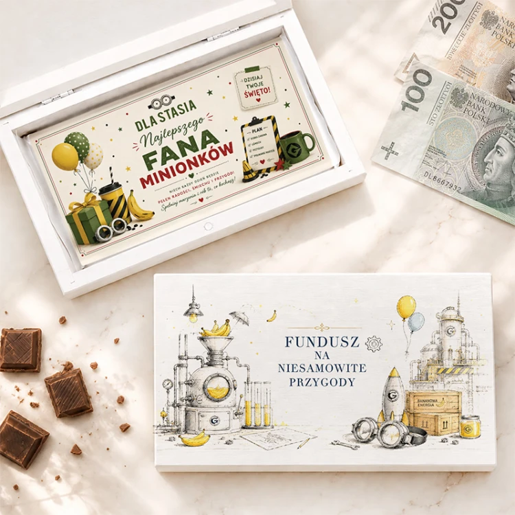 Personalizowane pudełko na pieniądze z czekoladą dla fana Minionków