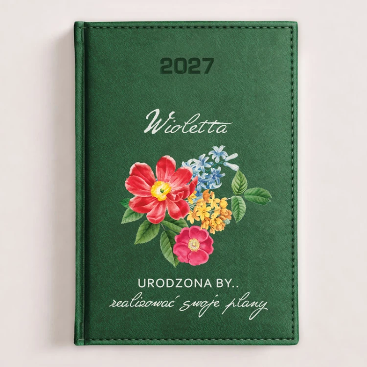Personalizowany kalendarz książkowy 2027 z imieniem i kwiatowym motywem dla kobiety.