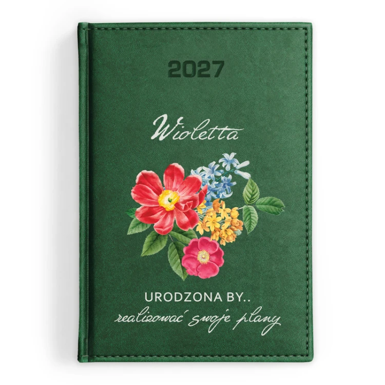 Elegancki kalendarz książkowy 2027 z personalizacją i kolorową kwiatową grafiką.