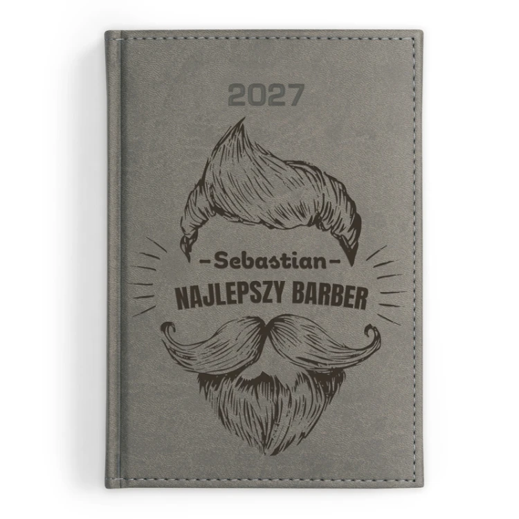Kalendarz książkowy 2027 dla barbera z personalizacją i grafiką fryzury oraz brody.