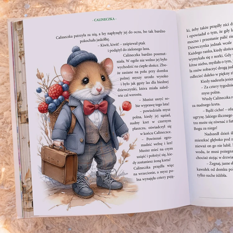 Książka z baśniami dla dzieci zawiera duże kolorowe ilustracje przedstawiające bohaterów klasycznych historii.