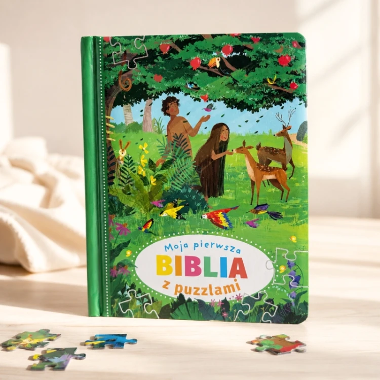 Pierwsza Biblia dla dziecka z kolorowymi ilustracjami i puzzlami sprawdzi się jako prezent na Chrzest lub roczek.