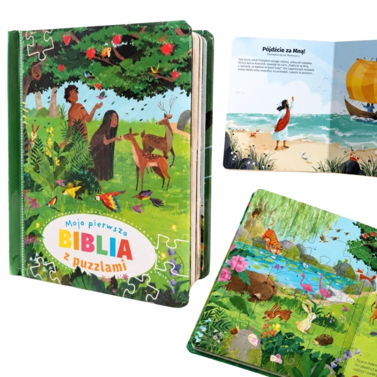 Kolorowa Biblia z puzzlami dla najmłodszych zawiera 20 opowieści ze Starego i Nowego Testamentu.