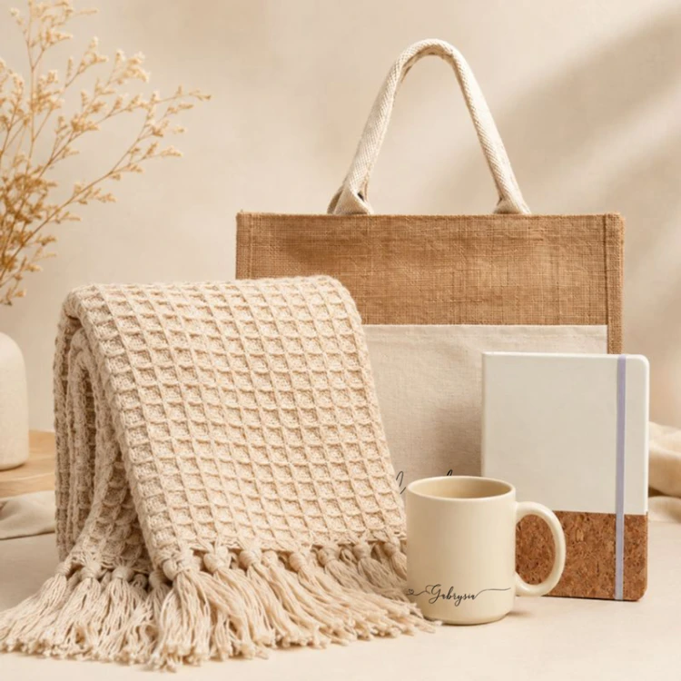 Premium zestaw prezentowy dla kobiety z beżowym kocem, torbą, kubkiem i notatnikiem zachwyca naturalną, elegancką kolorystyką.