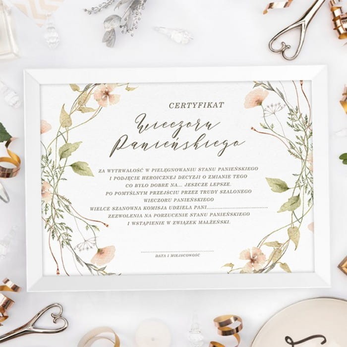 CERTYFIKAT Wieczoru Panieńskiego w ramce Boho