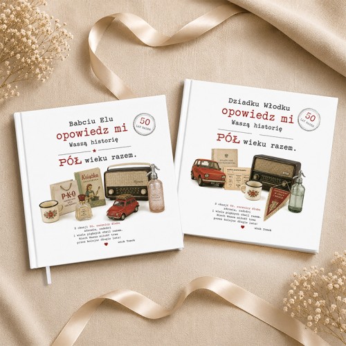 Zestaw dwóch książek wspomnień dla babci i dziadka to personalizowany prezent na 50. rocznicę ślubu.