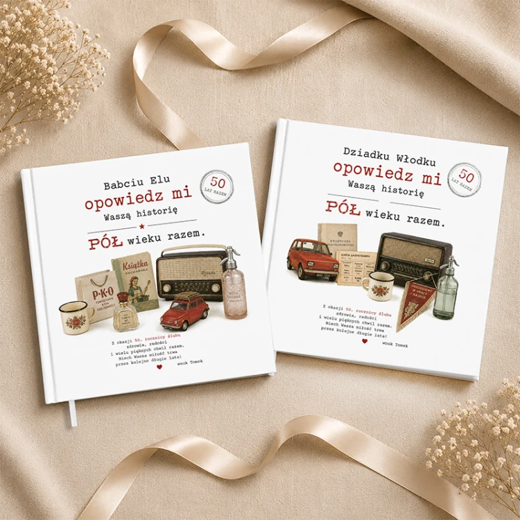 Zestaw dwóch książek wspomnień dla babci i dziadka to personalizowany prezent na 50. rocznicę ślubu.