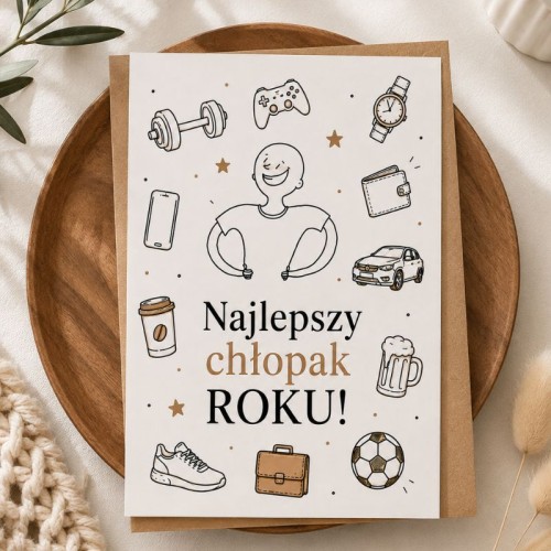 Kartka dla Najlepszego Chłopaka Roku z zabawnymi grafikami przedstawiona razem z brązową kopertą.