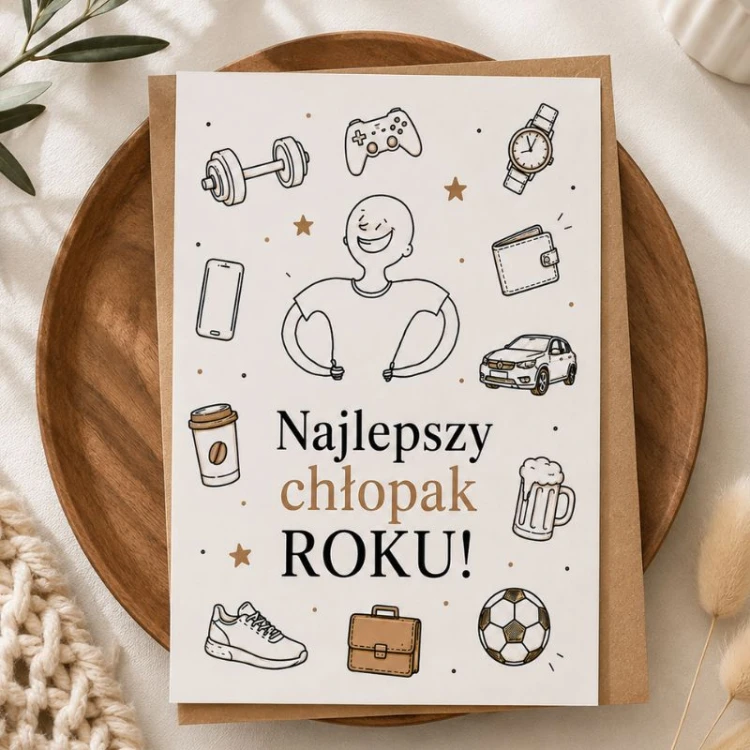 Kartka dla Najlepszego Chłopaka Roku z zabawnymi grafikami przedstawiona razem z brązową kopertą.