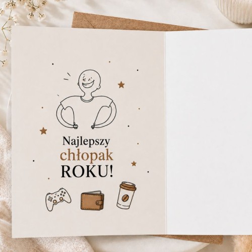 Otwarta kartka na Dzień Chłopaka z grafiką i wolnym miejscem na wpisanie własnych życzeń.