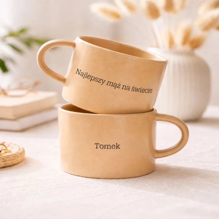 Beżowa personalizowana filiżanka dla męża z napisem Najlepszy mąż na świecie i imieniem.