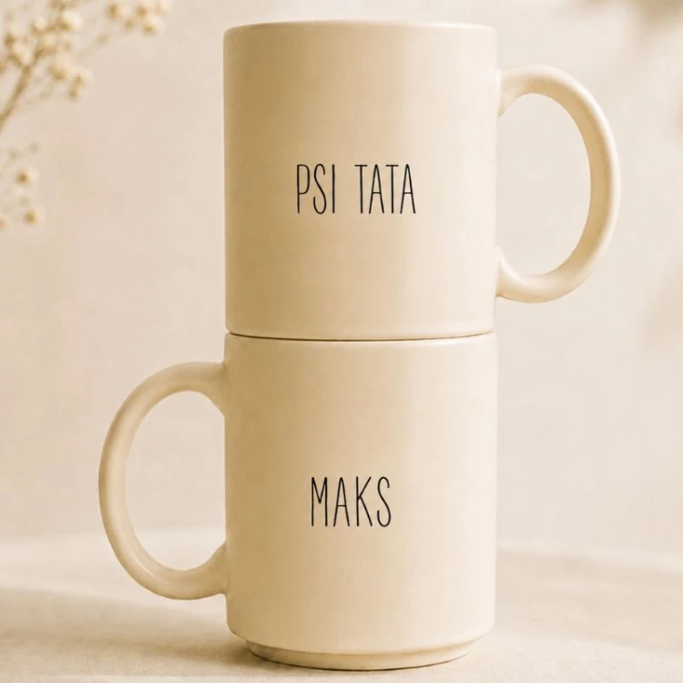 Personalizowany kubek dla miłośnika psa z napisem Psi Tata oraz imieniem.
