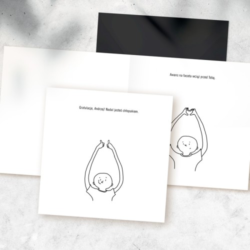 Personalizowana kartka dla chłopaka z zabawnym tekstem i minimalistyczną grafiką.