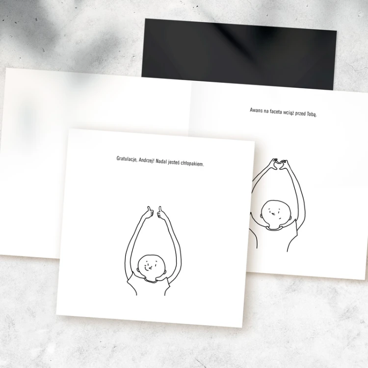 Personalizowana kartka dla chłopaka z zabawnym tekstem i minimalistyczną grafiką.