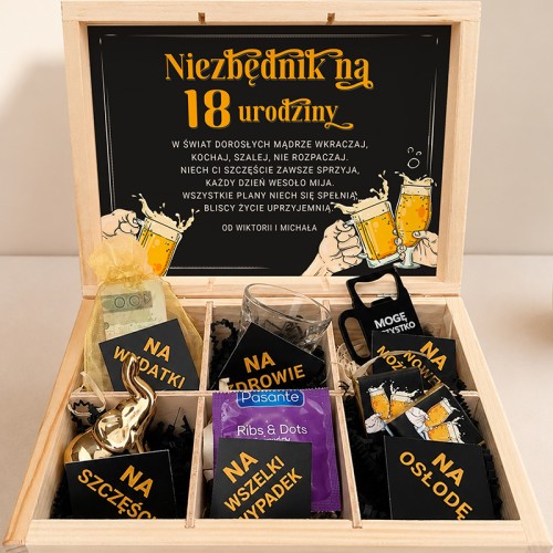 Oryginalny prezent na 18 urodziny dla chłopaka w ozdobnym pudełku.