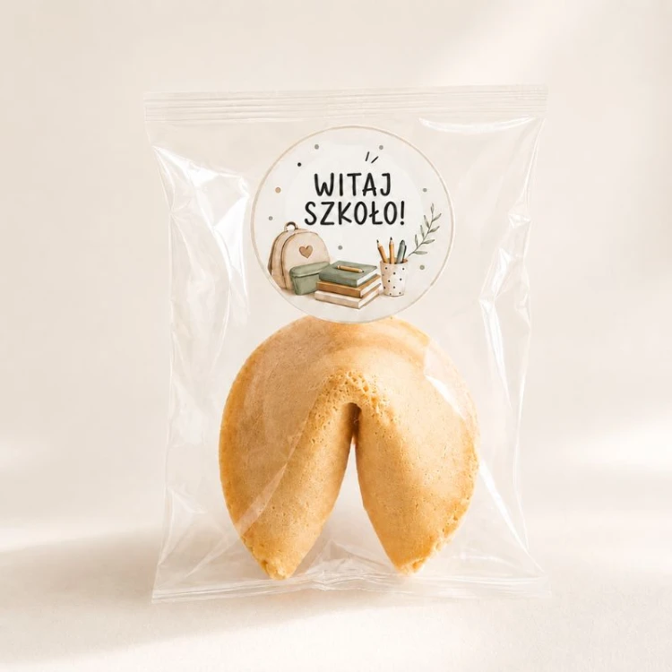 Ciasteczko na rozpoczęcie szkoły znajduje się w przezroczystym opakowaniu z tematyczną etykietą.