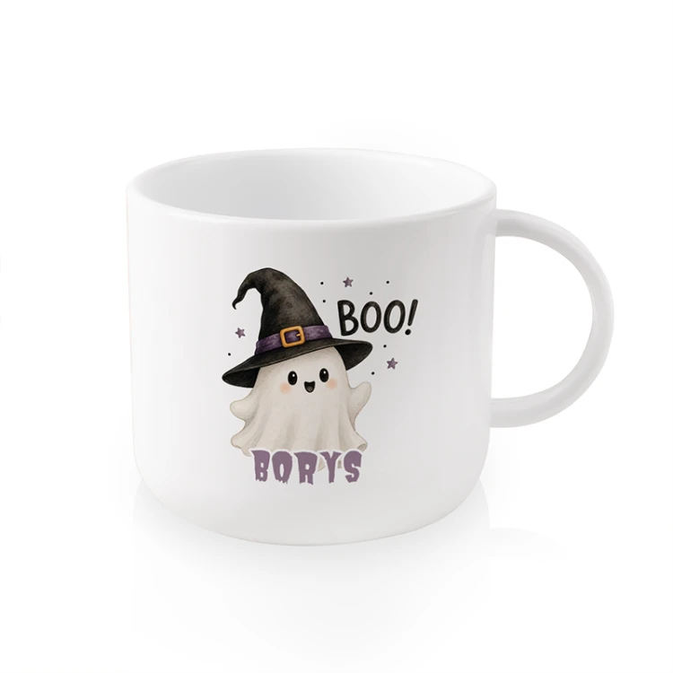 Kubek dziecięcy z duszkiem i imieniem dziecka. Zabawny wzór na Halloween.