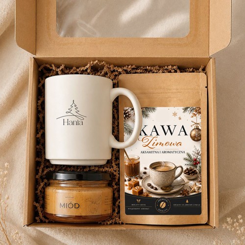 Personalizowany zestaw świąteczny z kubkiem z imieniem, kawą zimową i miodem w kraftowym pudełku prezentowym.