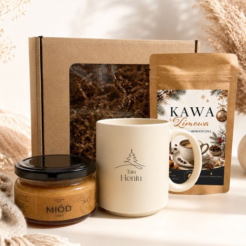Świąteczny zestaw prezentowy dla taty z personalizowanym kubkiem, aromatyczną kawą zimową i miodem.