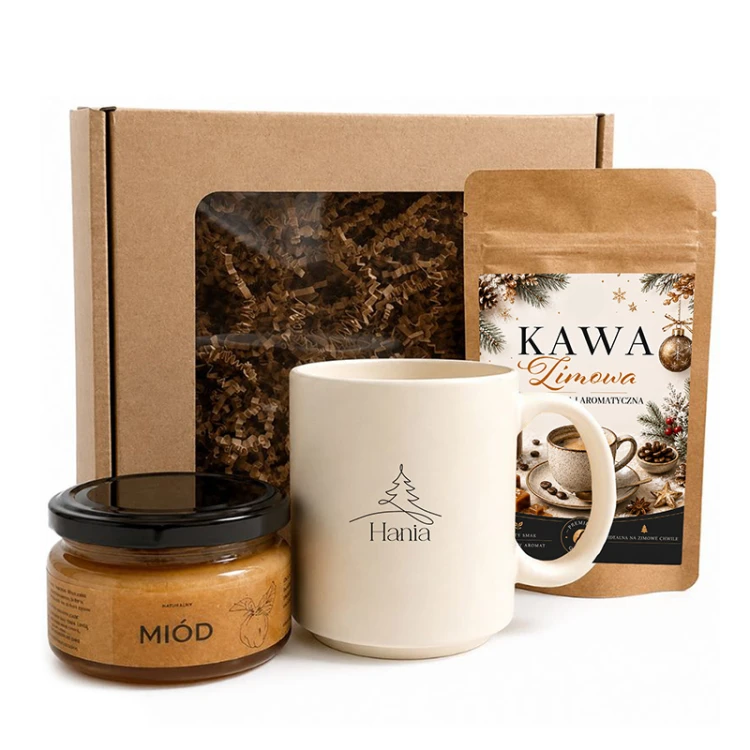 Świąteczny box z kubkiem z imieniem, miodem i kawą.  Personalizowany zestaw prezentowy dla niej lub dla niego.