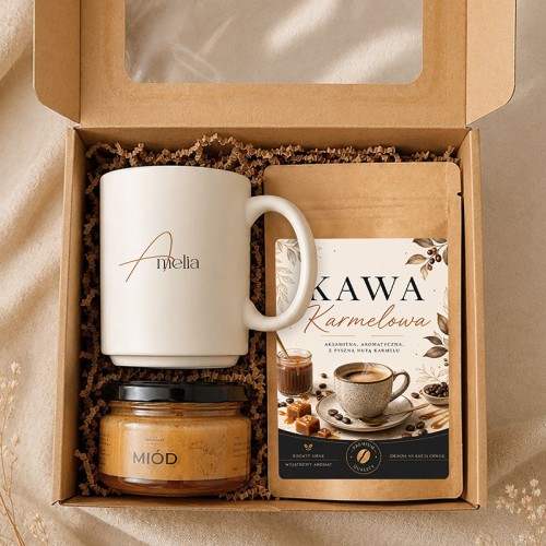 BOX prezentowy z personalizowanym kubkiem, kawą karmelową i miodem w kraftowym pudełku.