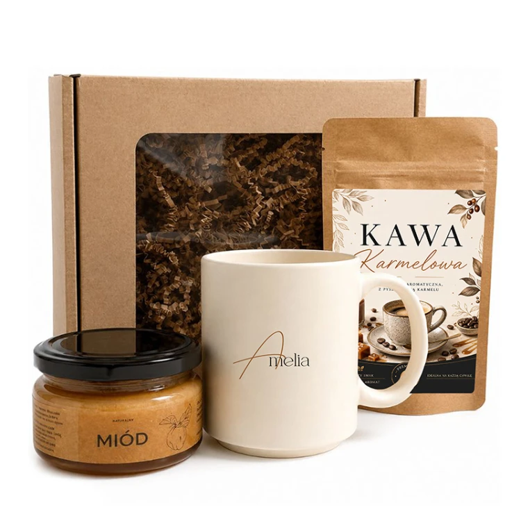 Personalizowany BOX z kubkiem 330 ml, kawą Arabica i miodem smakowym na prezent.