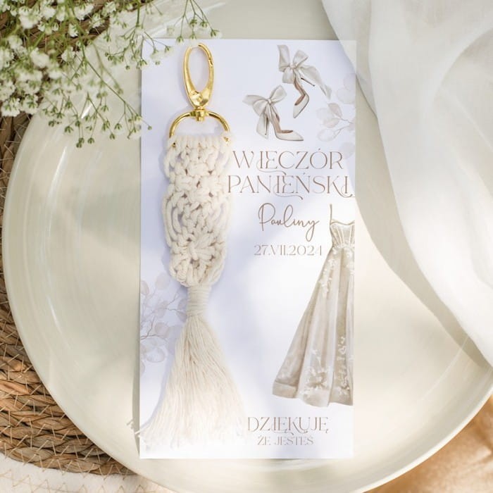 BRELOK makrama z bilecikiem podziękowanie Wieczór Panieński w plenerze