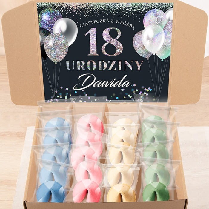 ZESTAW kolorowe ciasteczka z wróżbą pomysłowy prezent na 18 urodziny