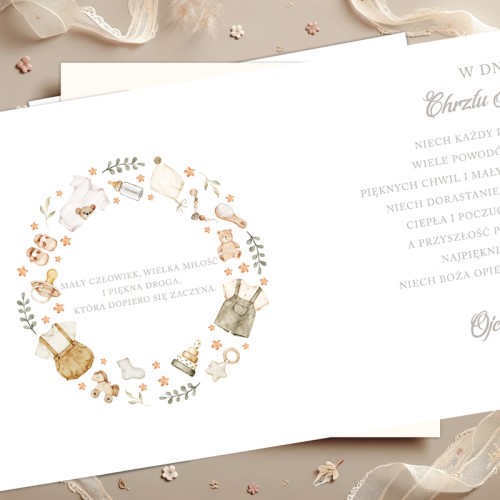 Kartka z życzeniami na Chrzest dziecka z personalizowanym podpisem i datą.