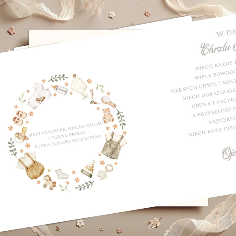 Kartka z życzeniami na Chrzest dziecka z personalizowanym podpisem i datą.