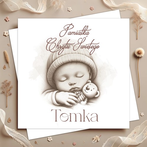 Personalizowana kartka na Chrzest Święty chłopca z imieniem dziecka i ilustracją śpiącego maluszka.