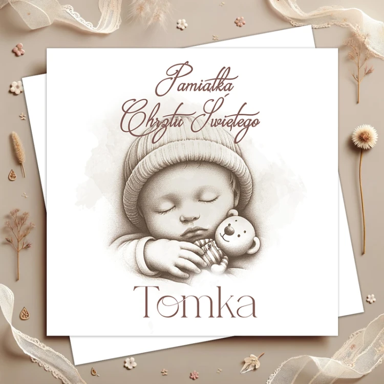 Personalizowana kartka na Chrzest Święty chłopca z imieniem dziecka i ilustracją śpiącego maluszka.